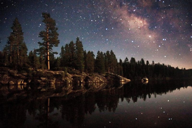 The Milky Way graces the sky in July 2010 over the Gerle Creek Reservoir in the El Droado National Forest in Sierra Nevada.