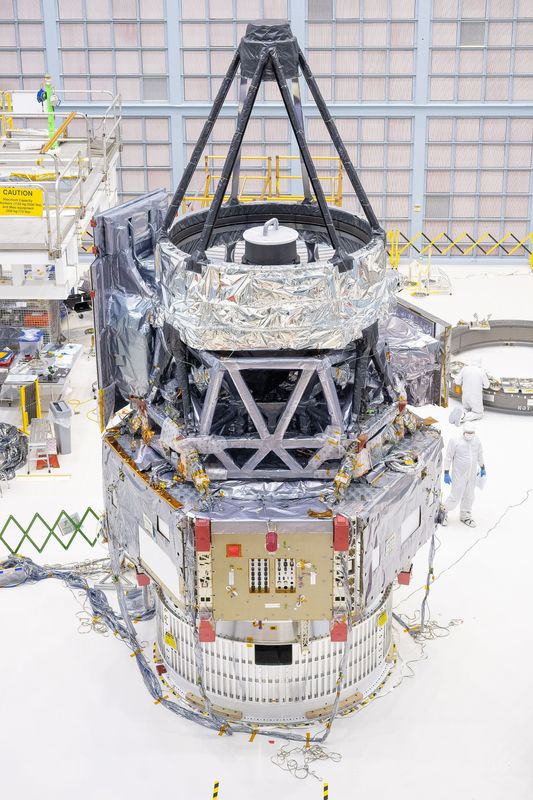 The Nancy Grace Roman Space Telescope, mostly assembled, at NASA's Goddard Space Flight Center in January 2025.