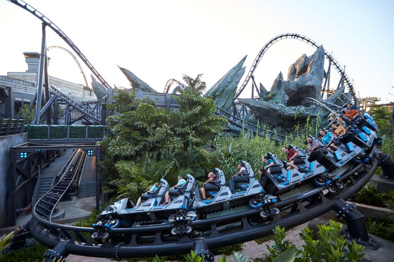 The Jurassic World Velocicoaster, inspired by the “Jurassic World” films, thrills riders at Universal Orlando Resort’s Islands of Adventure.