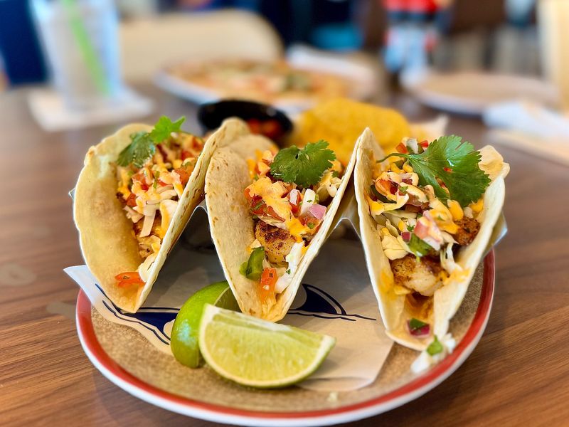 Blackened shrimp tacos from Salty Rim Bar & Grill, located within Flagler Beach's new Compass Hotel by Margaritaville.