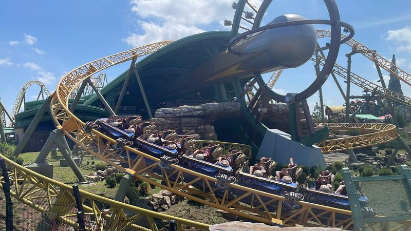 Stardust Racers roller coaster features two tracks, yellow and green, that race each other through the cosmos. Universal's Epic Universe opened to the public on May 22, 2025. Visit universalorlando.com.