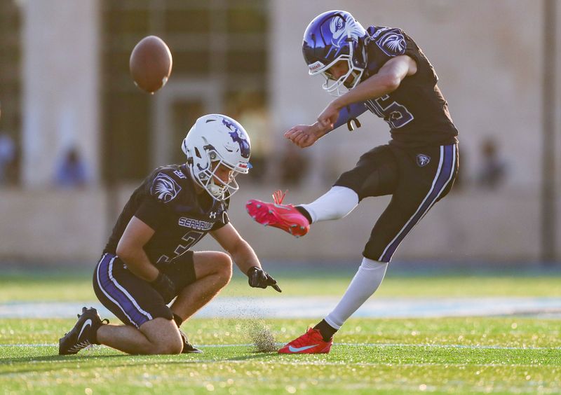 The Community School of Naples' Hudson Switken attempts a kick against the Gadsden County Jaguars in a spring football game at Community School of Naples in Naples on Thursday, May 22, 2025.