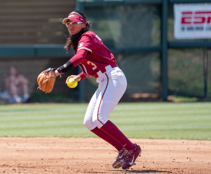 Florida State Seminoles infielder Isa Torres (3) looks to throw the ball to her teammate. The Texas Tech Red Raiders defeated the Florida State Seminoles 2-1 in the NCAA WCWS Super Regionals on Friday, May 23, 2025.