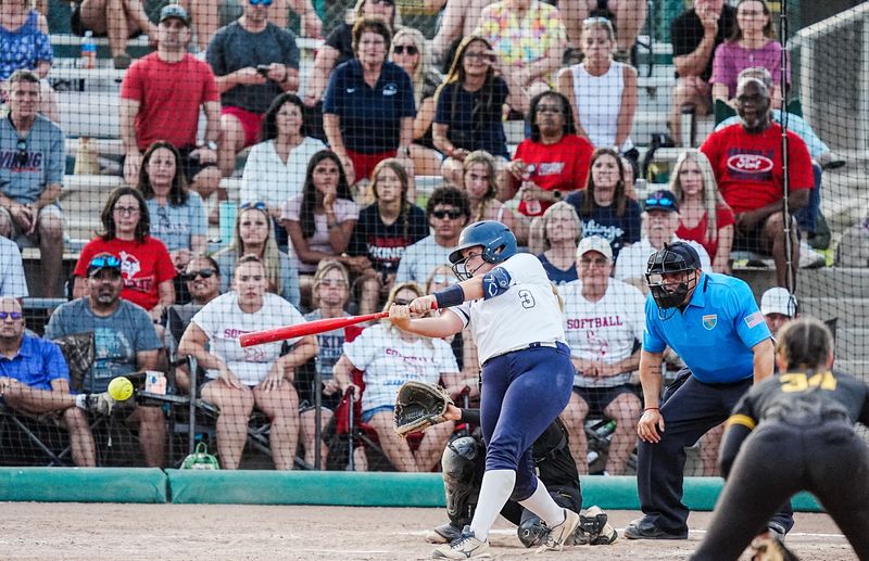 Rilyn Douglas of Fort Walton Beach drives in a run during the game against American Heritage in the FHSAA Class 4A softball state final May 23, 2025. Craig Bailey/FLORIDA TODAY via USA TODAY NETWORK