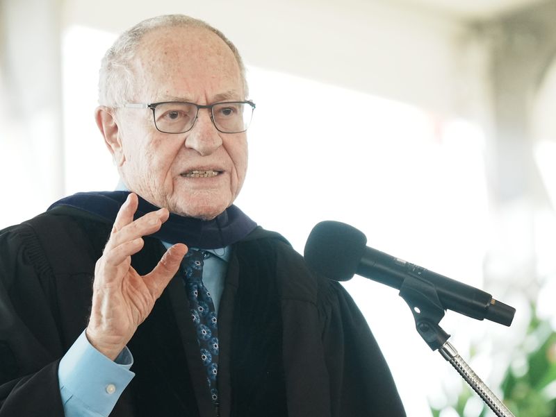Alan Dershowitz, well-known celebrity lawyer and law professor, speaks at the graduation ceremony of New College of Florida in May 2025.