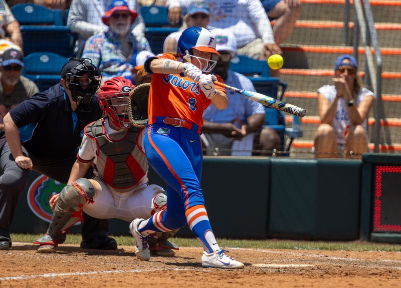 Florida catcher Jocelyn Erickson (8) hits during a NCAA super regionals softball game at Katie Seashole Pressly Stadium in Gainesville, FL on Saturday, May 24, 2025. [Alan Youngblood/Gainesville Sun]