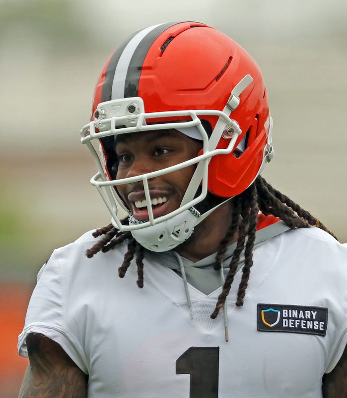 Cleveland Browns cornerback Martin Emerson Jr. chats with teammates during a practice May 28, 2025, in Berea.