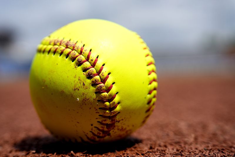 A softball is pictured during practice at media and practice day for the Women's College World Series at Devon Park in Oklahoma City, Wednesday, May, 28, 2025.