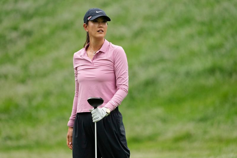 Former LPGA golfer Michelle Wie-West watches her tee shot on 15 during the Workday Golden Bear Pro-Am at Muirfield Village Golf Club in Dublin, Ohio on May 28, 2025.