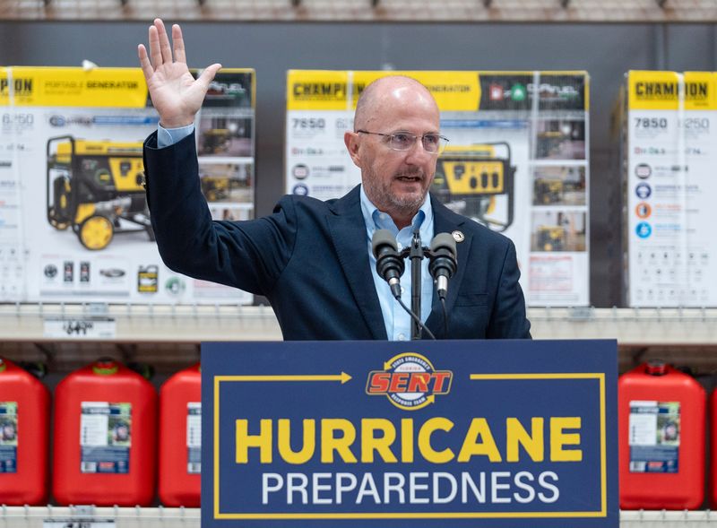Kevin Guthrie, the director of the Florida Division of Emergency Management speaks during Florida Governor Ron DeSantis hurricane preparedness press conference at Home Depot on May 30, 2025, in Jupiter, Florida.