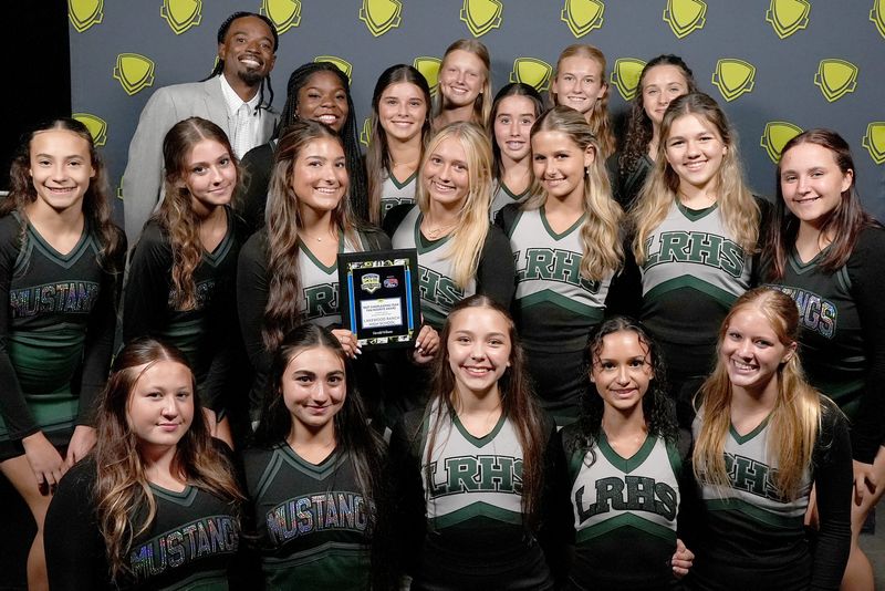 Best Cheerleading Team Award presented by the Bradenton Marauders: Lakewood Ranch High School Cheerleaders, with former MLB All-Star guest speaker Dee Strange-Gordon during the Sarasota-Manatee 2025 High School Sports Awards Show that was held at Van Wezel Performing Arts Center in Sarasota to honor our area male and female athletes of the 2024-2025 school year.