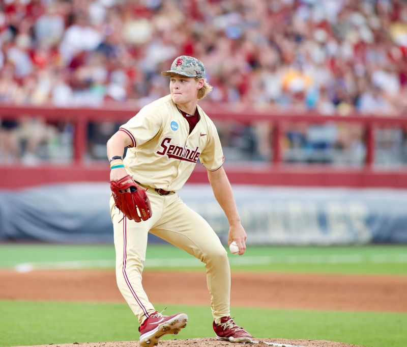 Wes Mendes attempts to throw a pitch on the mound as he starts for FSU baseball against Mississippi State in the Tallahassee Regional final at Dick Howser Stadium on Sunday, June 1, 2025