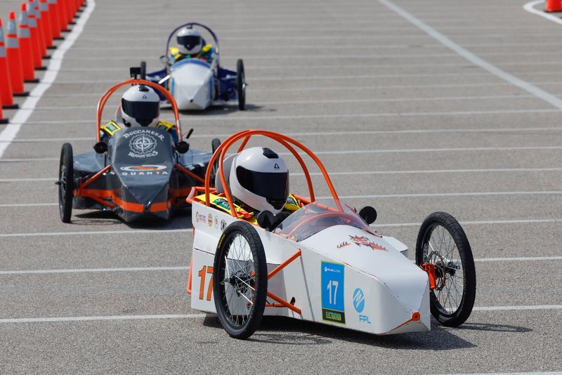 Racing action down the front stretch during the FPL Electrathon race at the Sebring International Raceway in Sebring, Fla., on Saturday, May 17, 2025.