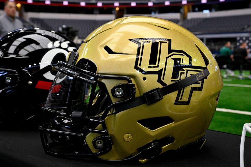 Jul 12, 2023; Arlington, TX, USA; A view of the UCF Knights helmet and logo during Big 12 football media day at AT&T Stadium. Mandatory Credit: Jerome Miron-USA TODAY Sports