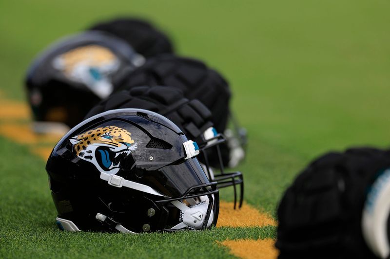 The helmet of Jacksonville Jaguars linebacker Josh Hines-Allen (41) sits at the back of the end zone during the third day of an NFL football training camp practice Friday, July 26, 2024 at EverBank StadiumÃ¢â‚¬â„¢s Miller Electric Center in Jacksonville, Fla.