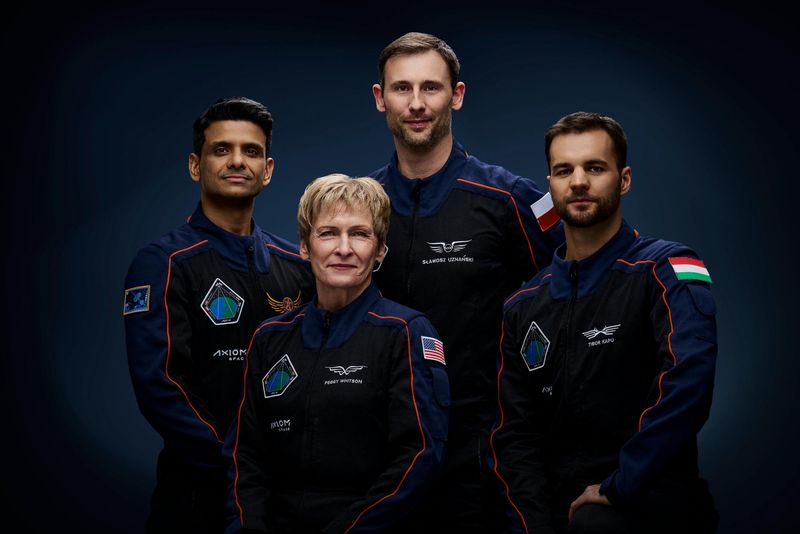 The official crew portrait of Axiom Mission 4, the fourth private astronaut mission from Axiom Space to the International Space Station. From left are, Pilot Shubhanshu Shukla from India, Commander Peggy Whitson from the U.S., and Mission Specialists Sławosz Uznański-Wiśniewski from Poland and Tibor Kapu from Hungary.