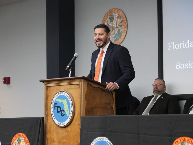 Anastasios Kamoutsas, then deputy Chief of Staff for Gov. Ron DeSantis, delivered the keynote address to recruits at Wakulla Correctional Institute last year in March.