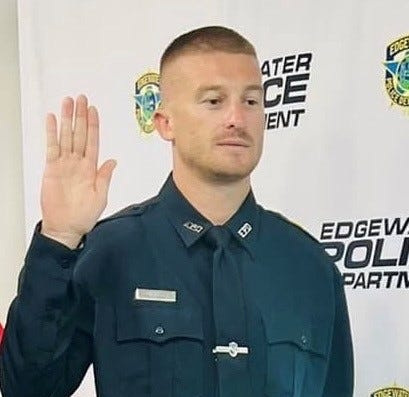Daniel Rippeon is seen being sworn in as an Edgewater police officer in an Edgewater Police Department Facebook post in August 2022.