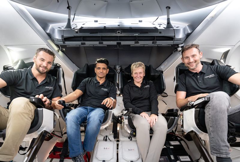 The crew of Axiom Mission 4 are pictured during their training in the SpaceX Dragon spacecraft simulator in Hawthorne, CA. The international crew will spend two weeks onboard the International Space Station. The crew includes Ax-4 Mission Specialist Tibor Kapu, Pilot Shubhanshu Shukla, Commander Peggy Whitson, and Mission Specialist Sławosz Uznański.