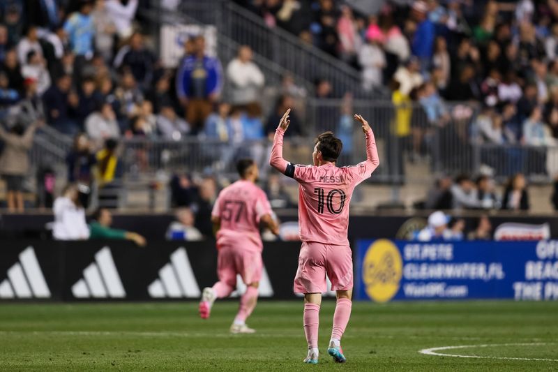 Inter Miami forward Lionel Messi (10) reacts after a goal by Telasco Segovia (not pictured) during 2025 MLS regular season play.