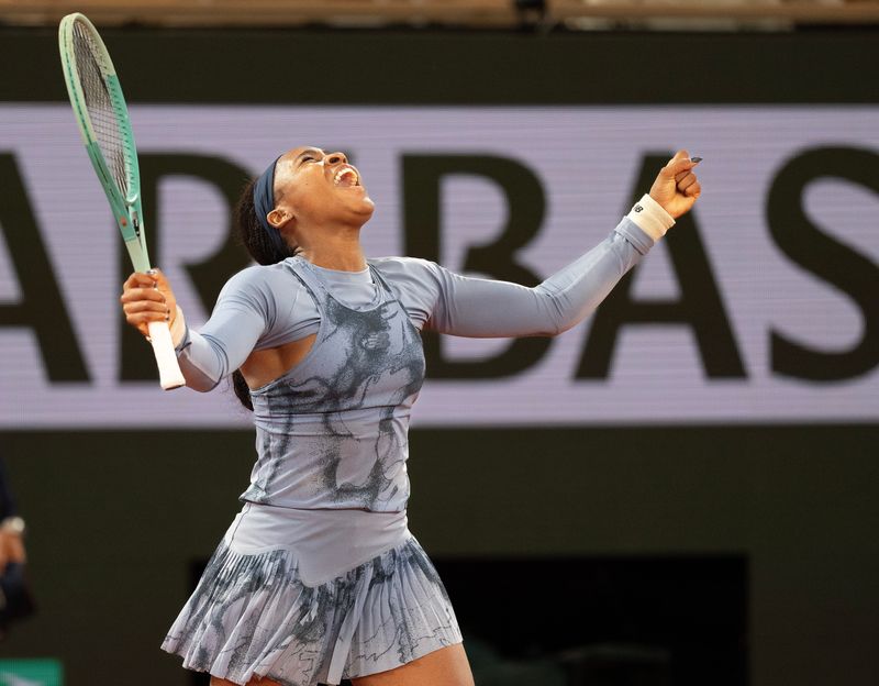 Jun 4, 2025; Paris, FR; Coco Gauff of the United States celebrates winning her match against Madison Keys of the United States on day 11 at Roland Garros Stadium. Mandatory Credit: Susan Mullane-Imagn Images