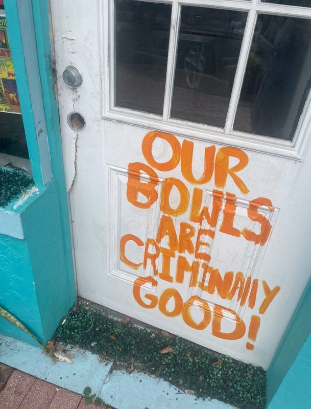 A door that was broken during a burglary at Beach Bowls eatery in downtown Fort Pierce on June 5, 2025. Two other businesses were also broken into, resulting in Fort Pierce police stepping up patrols in the area.