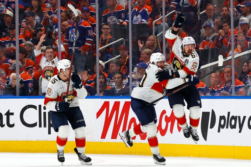 Florida Panthers center Brad Marchand (63) reacts after making the game winning goal against the Edmonton Oilers during double overtime in game two of the 2025 Stanley Cup Final at Rogers Place.