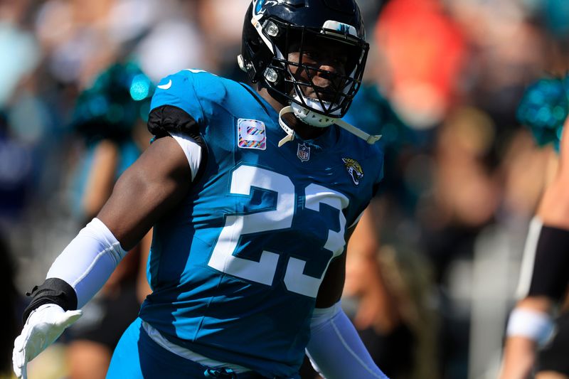 Jacksonville Jaguars linebacker Foyesade Oluokun (23) is introduced before an NFL football matchup Sunday, Oct. 27, 2024 at EverBank Stadium in Jacksonville, Fla. The Packers edged the Jaguars 30-27 on a last-second field goal. [Corey Perrine/Florida Times-Union]