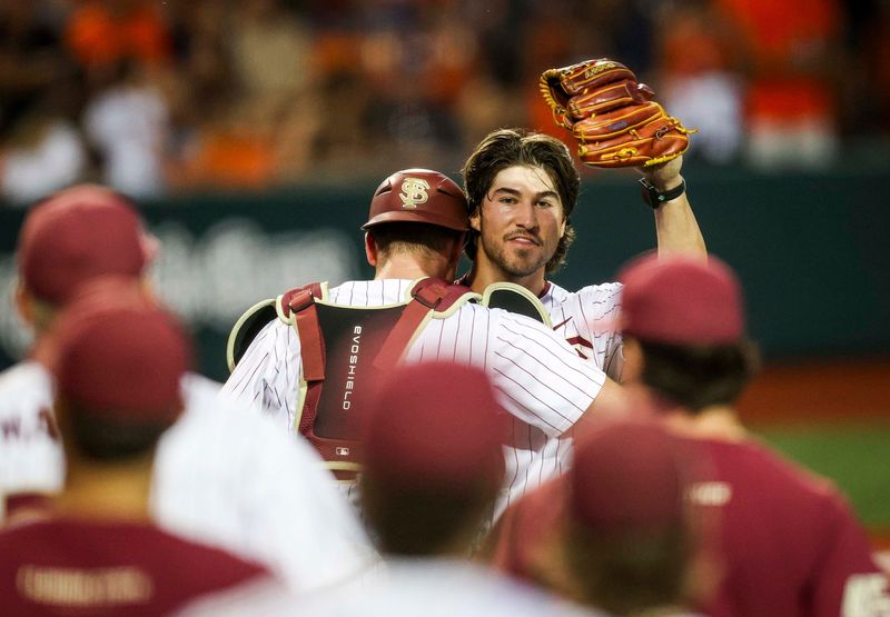 Florida State pitcher Peyton Prescott (27) reacts after defeating Oregon State in game 2 of the NCAA Super Regional at Goss Stadium on Saturday, June 7, 2025 in Corvallis.