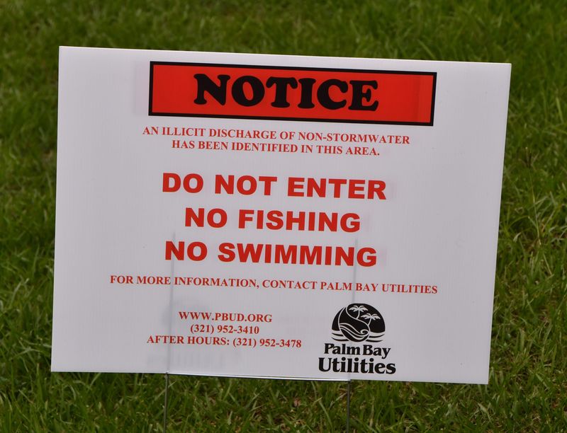 Signs went up at Pollak Park in Palm Bay about 1:15 p.m. Monday, June 9. Palm Bay officials warned residents June 9 of "a serious environmental and public health concern" after raw sewage had been pouring for hours from a broken main sewer pipe near the city's sewer plant off Clearmont Street.