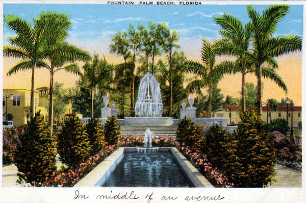 A fountain "in the middle of an avenue" is seen in Palm Beach in this postcard circa 1900.
