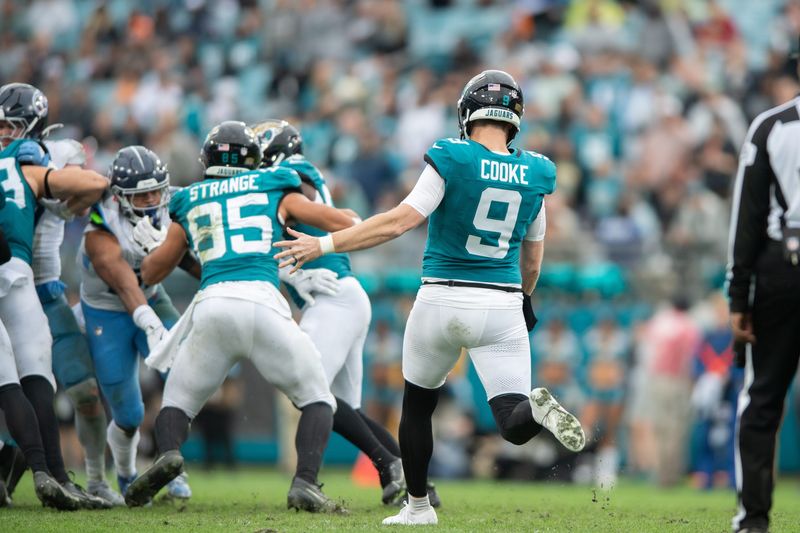 Dec 29, 2024; Jacksonville, Florida, USA; Jacksonville Jaguars punter Logan Cooke (9) punts the ball against the Tennessee Titans in the fourth quarter at EverBank Stadium. Mandatory Credit: Jeremy Reper-Imagn Images