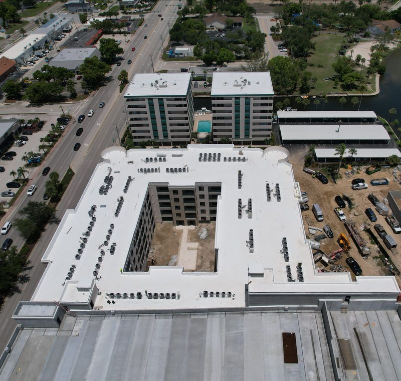 These aerial views of the new Bimini Square development currently under construction in downtown Cape Coral were captured June 6, 2025. The luxury development is expected to open in fall 2025.