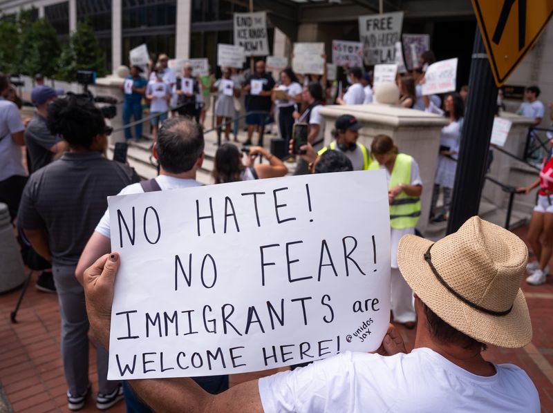 The Jacksonville Immigrant Rights Alliance in conjunction with the Jacksonville Palestine Solidarity Network, held a "Stop the Trump Stunts" rally in front of Jacksonville City Hall on June 10. The protestors spoke against legislation that would prevent nonprofit organization from using any grant funding from the city to assist people who are in the country illegally. The City Council voted 11-7 in favor of the bill later that day.