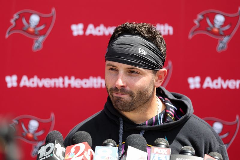 Jun 10, 2025; Tampa Bay, FL, USA; Tampa Bay Buccaneers quarterback Baker Mayfield (6) gives a press conference after mini camp at AdventHealth Training Center. Mandatory Credit: Nathan Ray Seebeck-Imagn Images