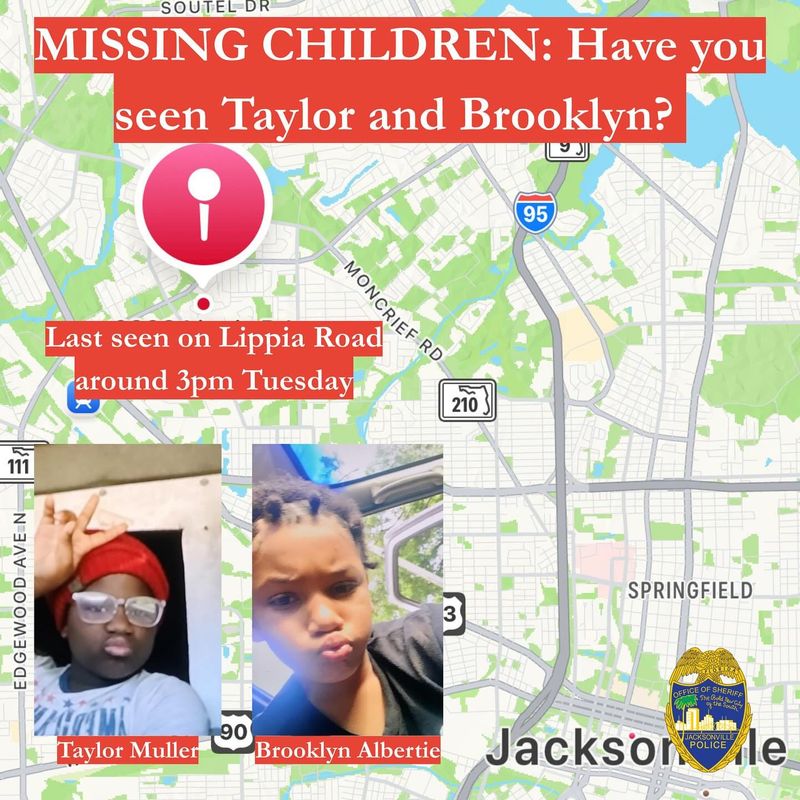 Here's a map showing where Taylor Muller, 11, and Brooklyn Albertie, 10, were reported last seen June 10 after leaving for a Jacksonville park, according to the family.