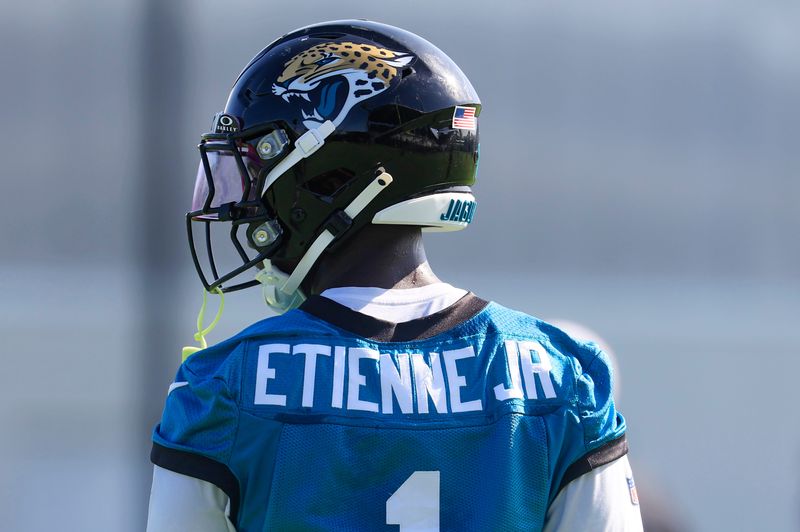 Jacksonville Jaguars running back Travis Etienne Jr. (1) looks on during the second mandatory minicamp at Miller Electric Center Wednesday, June 11, 2025 in Jacksonville, Fla.