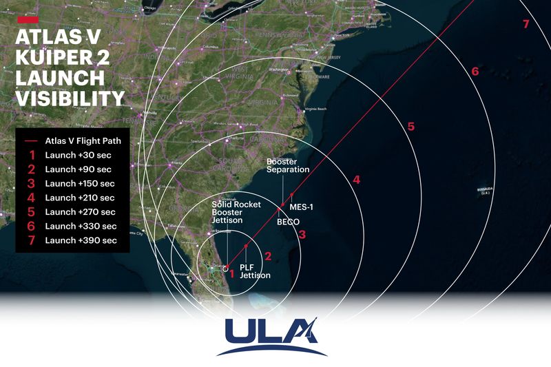 Wondering how you can see Atlas V launch of Kuiper 2 for Amazon? This visibility map shows when and where your best chances are to see the rocket as it lifts off from Cape Canaveral, Florida, and heads into space. Launch attempt will be Monday, June 16, 2025.