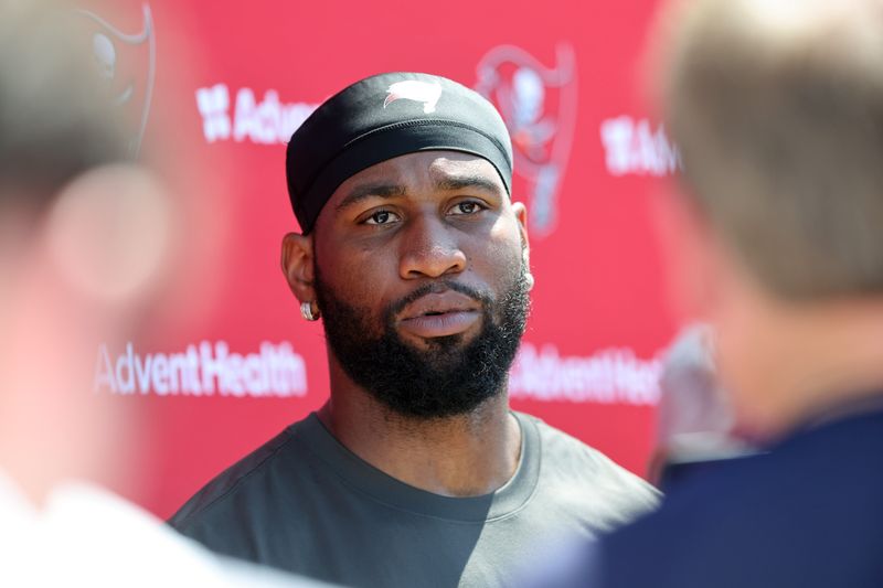 Jun 11, 2025; Tampa, FL, USA; Tampa Bay Buccaneers linebacker Haason Reddick (5) talks with media after minicamp at One Buc Place. Mandatory Credit: Kim Klement Neitzel-Imagn Images