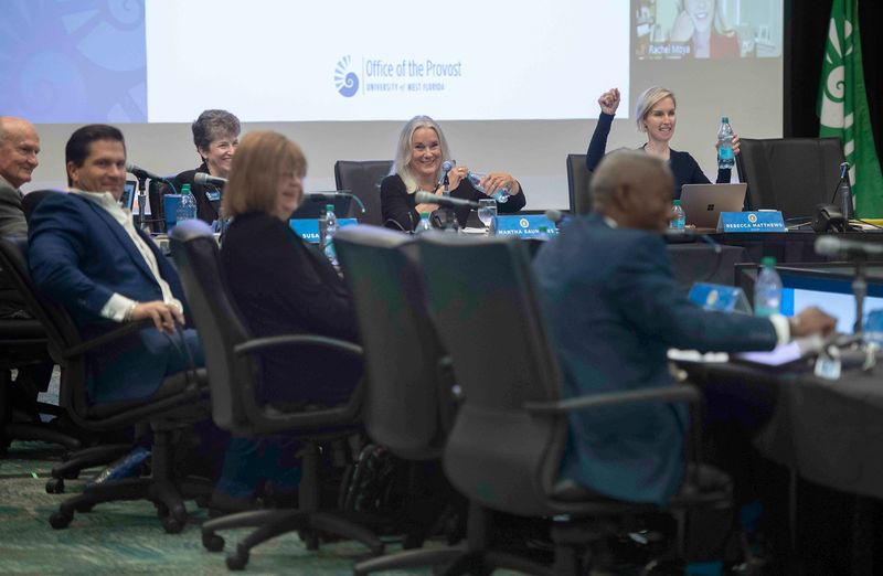 The University of West Florida Board of Trustees celebrate outgoing President Dr. Martha Saunders during her last Board of Trustees meeting on June 12, 2025.