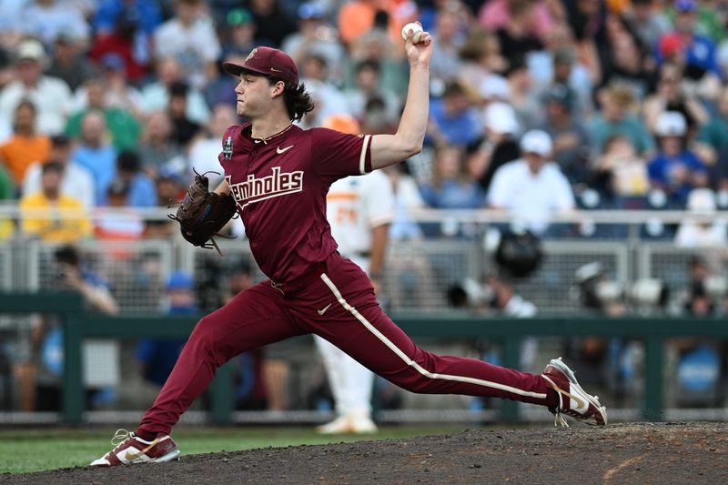 Jun 14, 2024; Omaha, NE, USA; Florida State Seminoles starting pitcher Jamie Arnold (16) throws against the Tennessee Volunteers during the sixth inning at Charles Schwab Filed Omaha. Mandatory Credit: Steven Branscombe-USA TODAY Sports