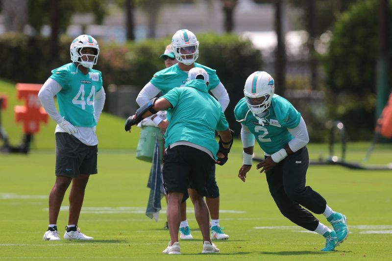 Jun 10, 2025; Miami, FL, USA; Miami Dolphins linebacker Bradley Chubb (2) practices during mandatory minicamp at Hard Rock Stadium. Mandatory Credit: Sam Navarro-Imagn Images