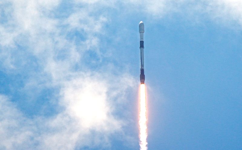 A SpaceX Falcon 9 rocket lifts off from Cape Canaveral Space Force Station at 11:29 a.m. June 13, 2025, carrying 23 Starlink V2 Mini satellites into low-Earth orbit.