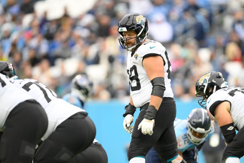 Dec 8, 2024; Nashville, Tennessee, USA; Jacksonville Jaguars guard Brandon Scherff (68) against the Tennessee Titans during the second half at Nissan Stadium. Mandatory Credit: Steve Roberts-Imagn Images