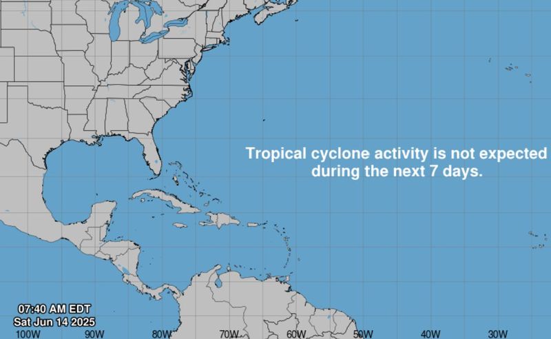 No tropical cyclone activity is expected during the next 7 days, according to the Saturday, June 14, 2025, weather advisory from the National Hurricane Center in Miami, Florida.