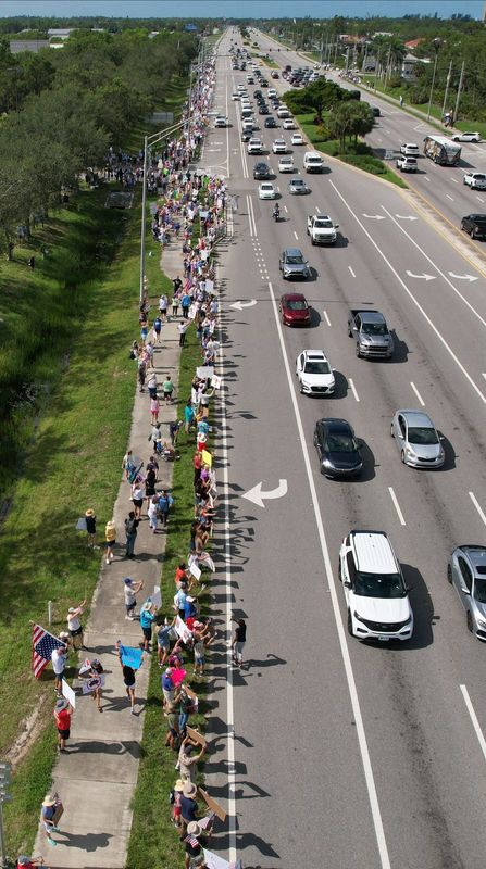 Thousands of people lined up along S. Tamiami Trail near the intersection with Daniels Parkway in Fort Myers Saturday, June 14, 2025 to protest the actions of the Trump administration. The protest was part of the “No Kings” rallies coordinated nationwide.