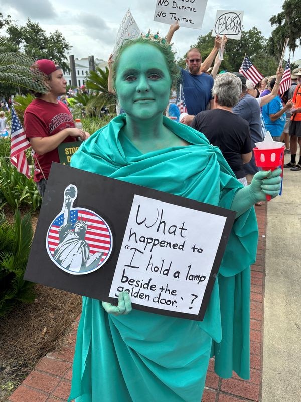 Anna Marie Shealy, dressed as the Statue of Liberty at the Tallahassee "No Kings" protest, June 14, 2025.