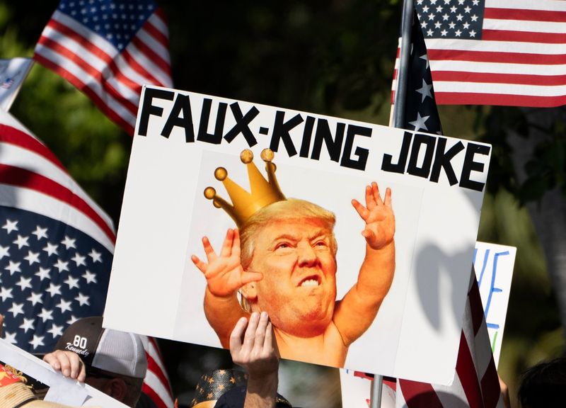 Protesters rally at Phipps Park during a "No Kings Day" protest on June 14, 2025 in West Palm Beach, Florida.
