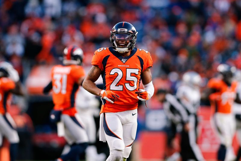 Dec 29, 2019; Denver, Colorado, USA; Denver Broncos cornerback Chris Harris Jr. (25) in the third quarter against the Oakland Raiders at Empower Field at Mile High. Mandatory Credit: Isaiah J. Downing-USA TODAY Sports