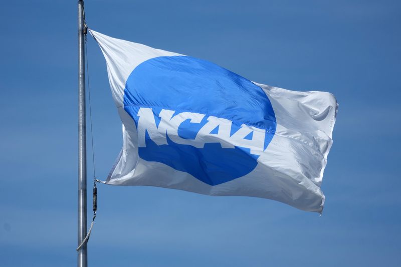 An NCAA logo flag flies at the NCAA Track and Field Championships at Hayward Field.